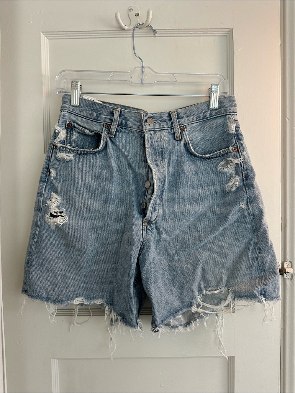 Agolde Light Blue Distressed Denim Shorts